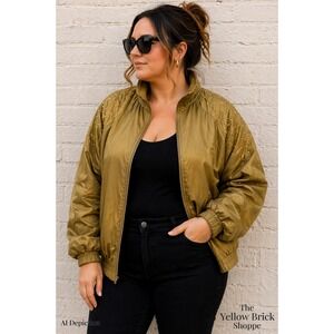 Vintage EVR Lightweight Quilted Studded Bomber Jacket Olive Bronze Zip Front